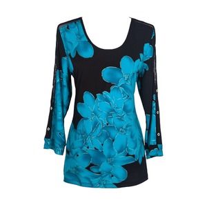 Women's Long Floral Dressy Top Size S Teal Black Long Sleeve Scoop Neck NWT